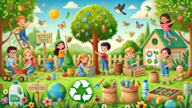 Children learning about environmental responsibility through activities like tree planting, crafting with recyclable materials, and composting in a lush green garden.