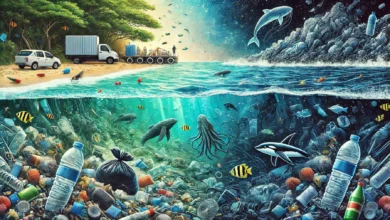 A vivid illustration showing the impact of plastic waste, featuring a polluted ocean with floating debris and marine animals contrasted with a clean, thriving ecosystem.