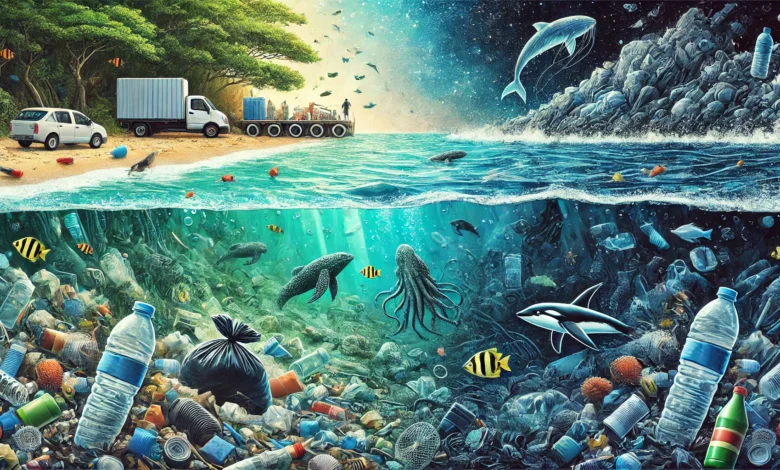 A vivid illustration showing the impact of plastic waste, featuring a polluted ocean with floating debris and marine animals contrasted with a clean, thriving ecosystem.